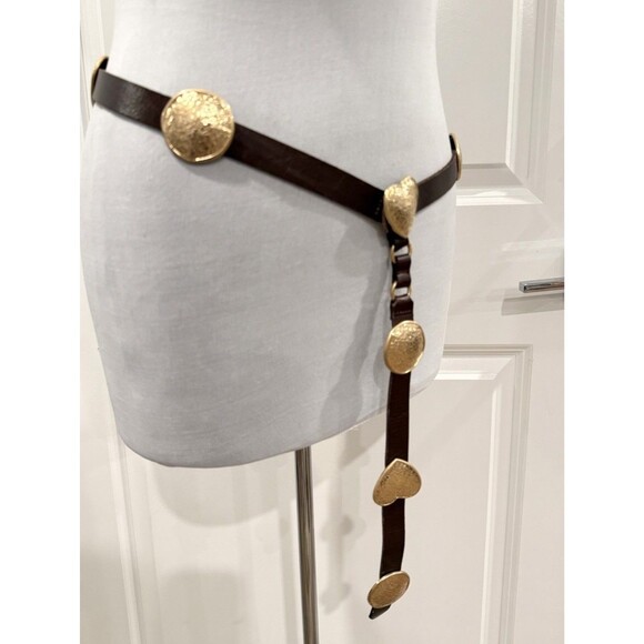 ZARA 100% Leather Brown Gold Heart Medallion Harness Belt Women EU 85 US 32 Boho